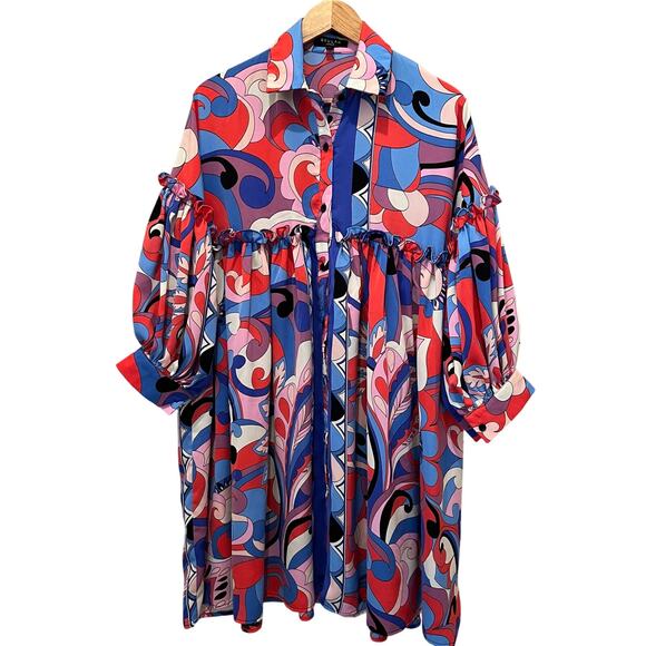 BEULAH STYLE Midi Dress One Size Collared Button Up Ruffle Colorful Abstract - Picture 1 of 8